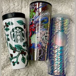 Starbucks Tumbler Cup Bundle (3) Iridescent Swirl + Cherry Holiday + Tropical